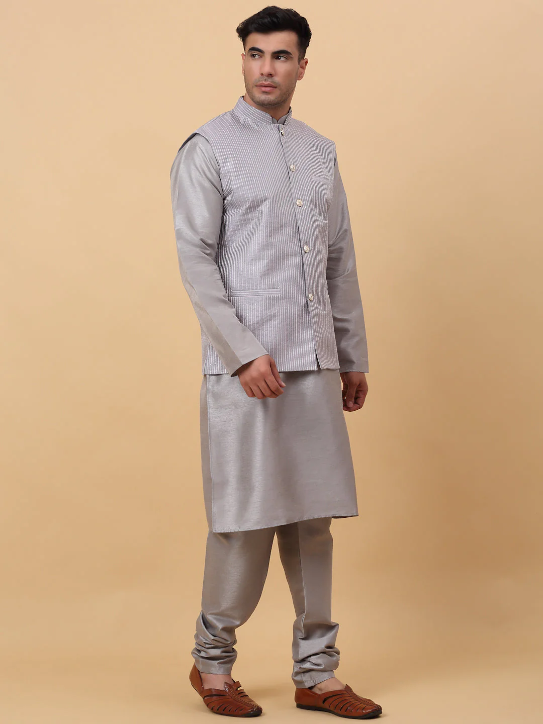 Men Grey Silk Blend Kurta, Churidar With SIlk Striped Nehru Jacket - Image 34