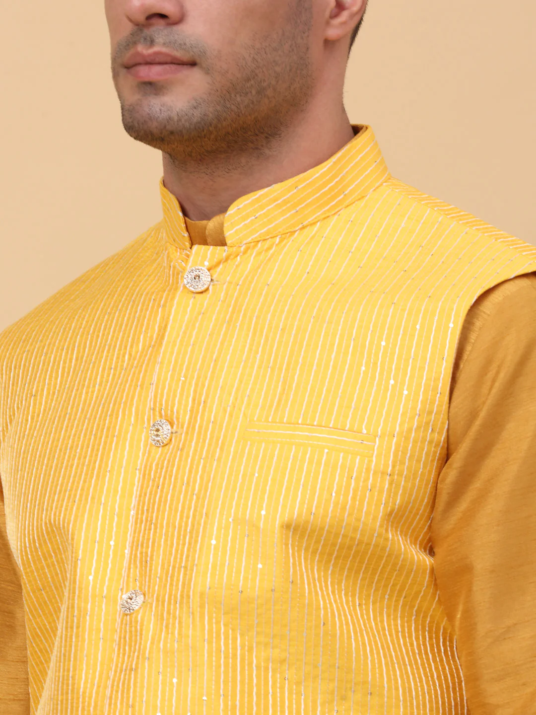 Men Mustard Silk Blend Kurta, Churidar With Yellow SIlk Striped Nehru Jacket - Image 4