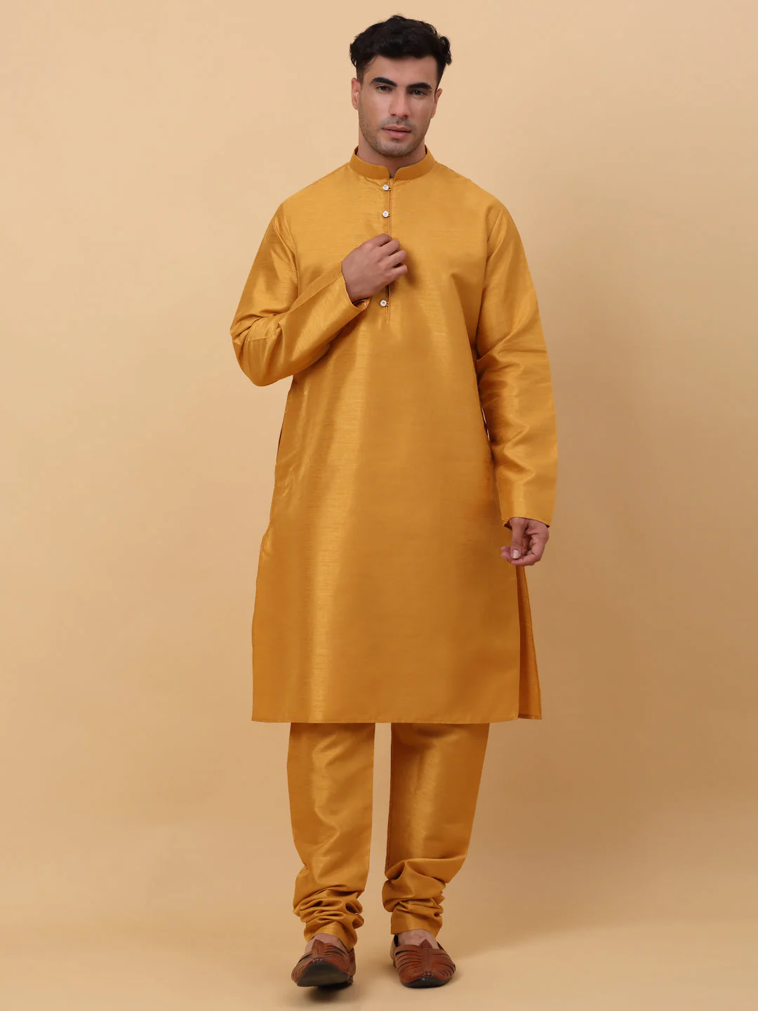 Men Mustard Silk Blend Kurta, Churidar With Yellow SIlk Striped Nehru Jacket - Image 6