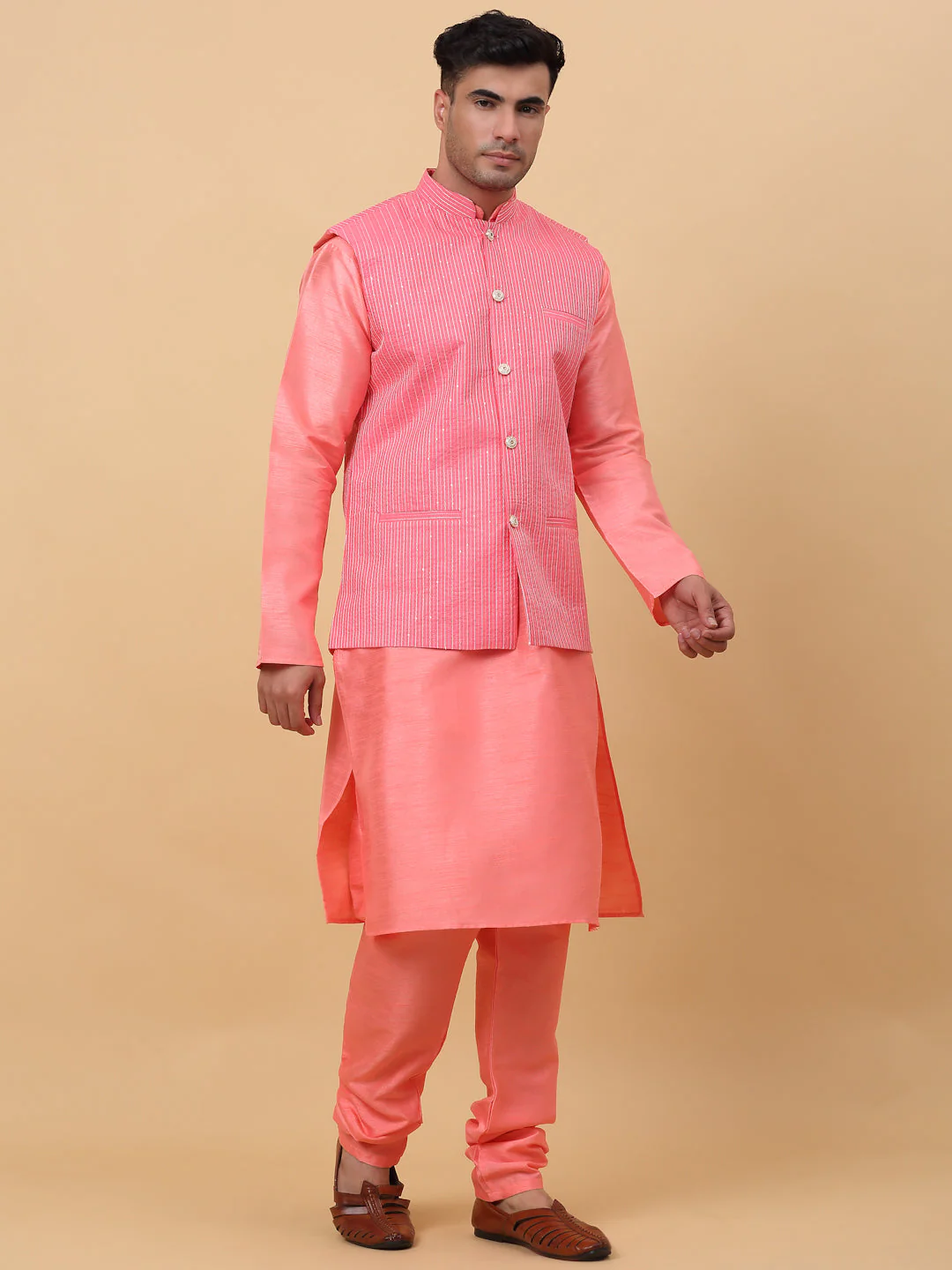 Men Pink Silk Blend Kurta, Churidar With Pink SIlk Striped Nehru Jacket - Image 3