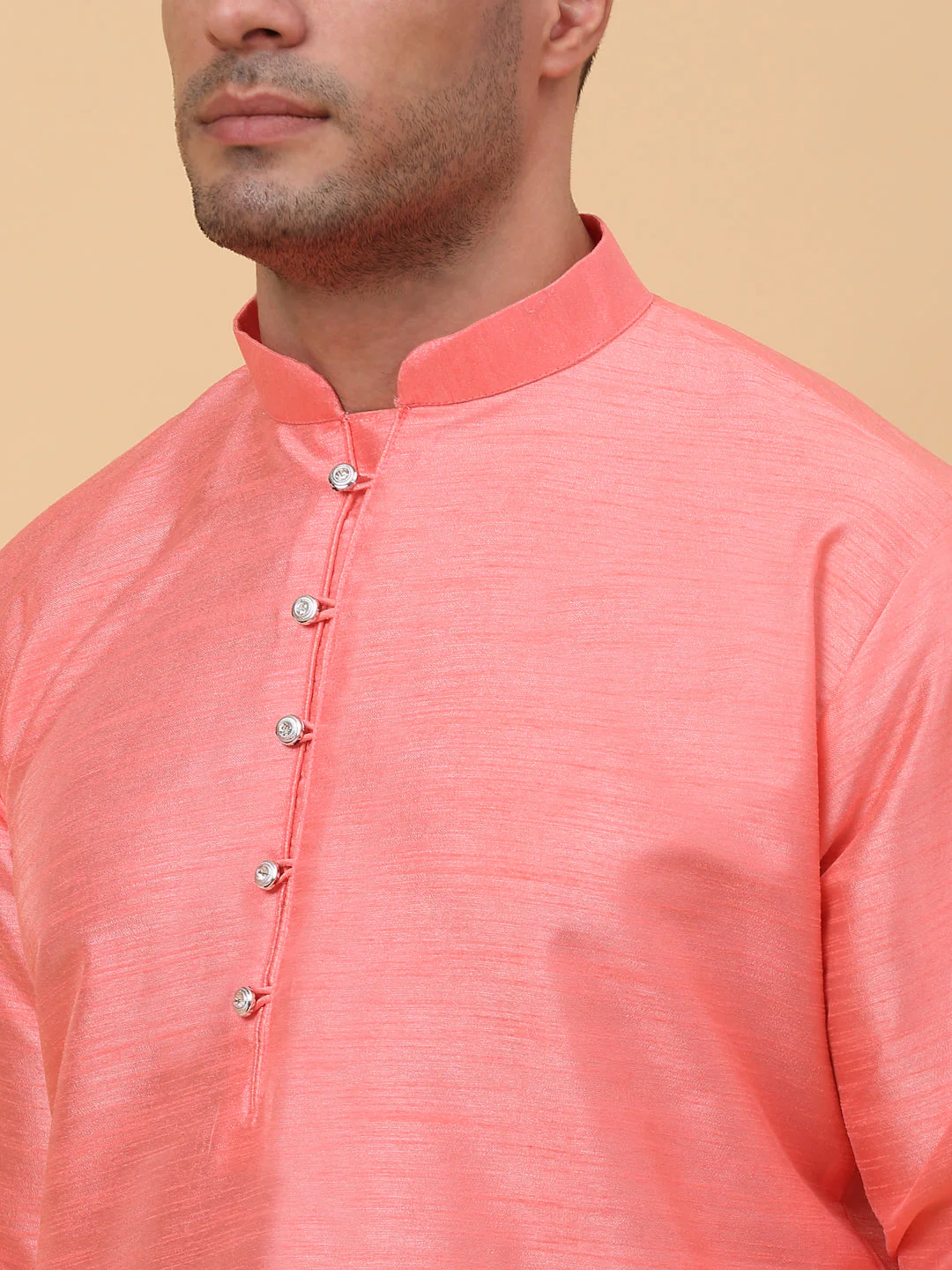 Men Pink Silk Blend Kurta, Churidar With Pink SIlk Striped Nehru Jacket - Image 8