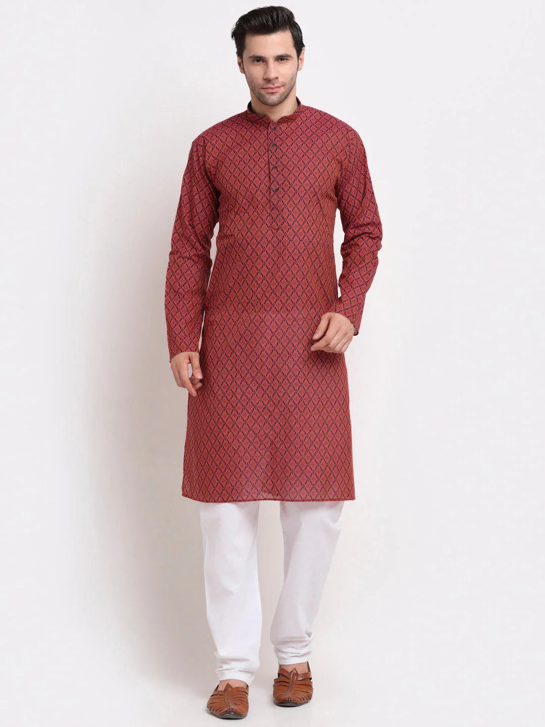 Men Red Ethnic Motifs Printed Cotton Straight Kurta