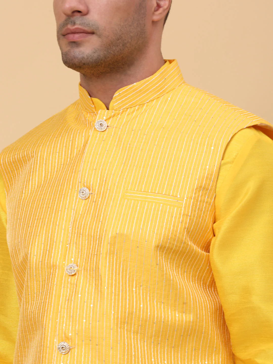 Men Yellow Silk Blend Kurta, Churidar With Yellow SIlk Striped Nehru Jacket - Image 4