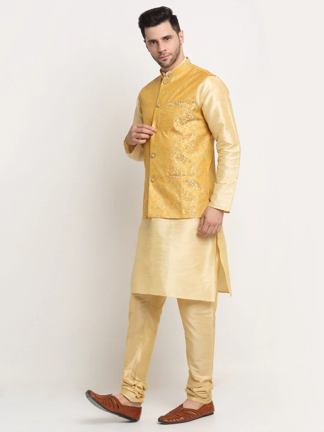 Mens Beige Silk Blend Kurta and Churidar with Woven Nehru Jacket - Image 11