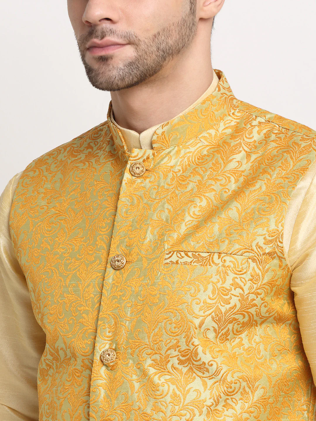 Mens Beige Silk Blend Kurta and Churidar with Woven Nehru Jacket - Image 12