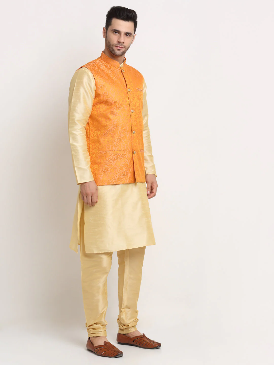 Mens Beige Silk Blend Kurta and Churidar with Woven Nehru Jacket - Image 17