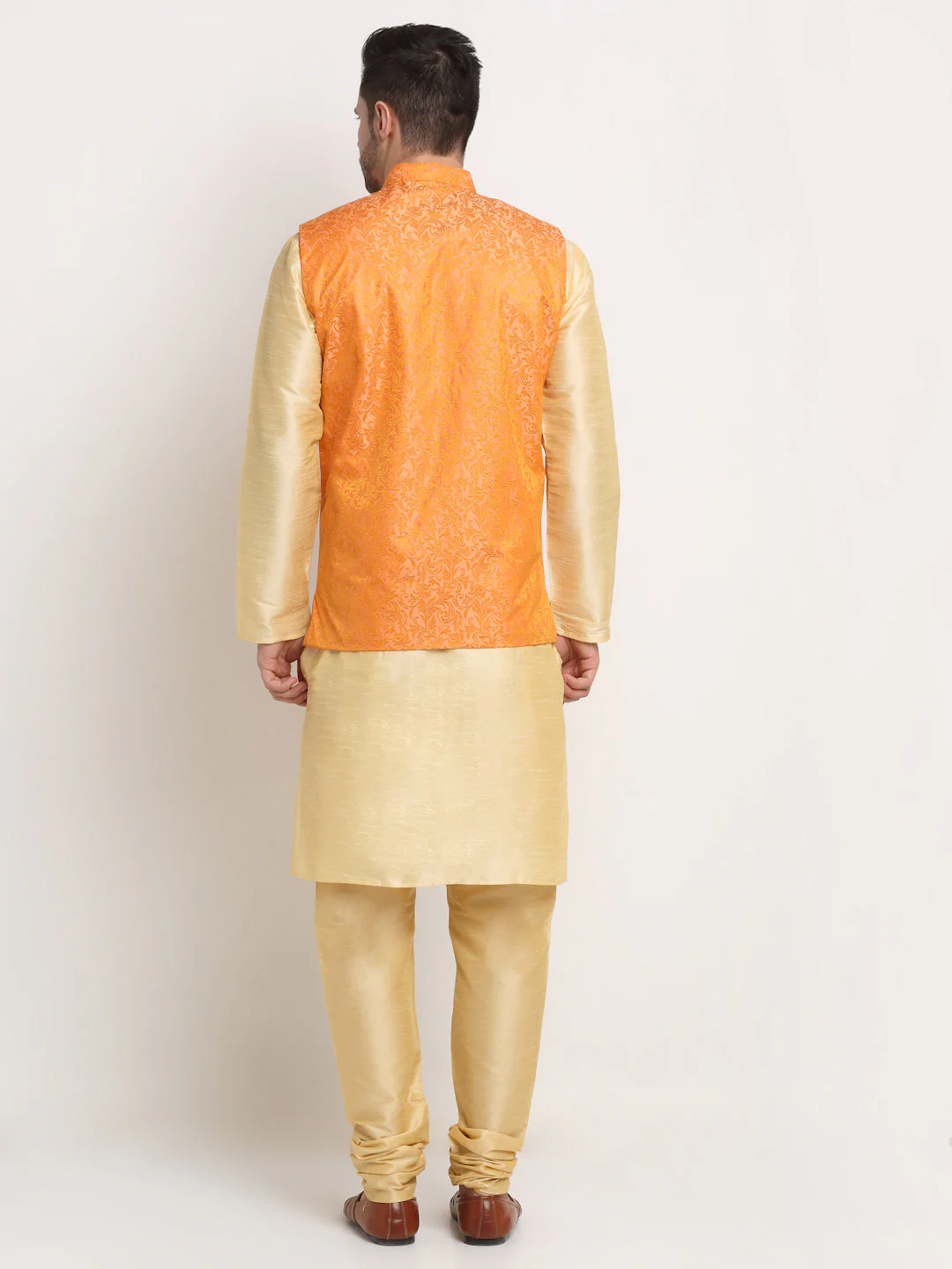 Mens Beige Silk Blend Kurta and Churidar with Woven Nehru Jacket - Image 18
