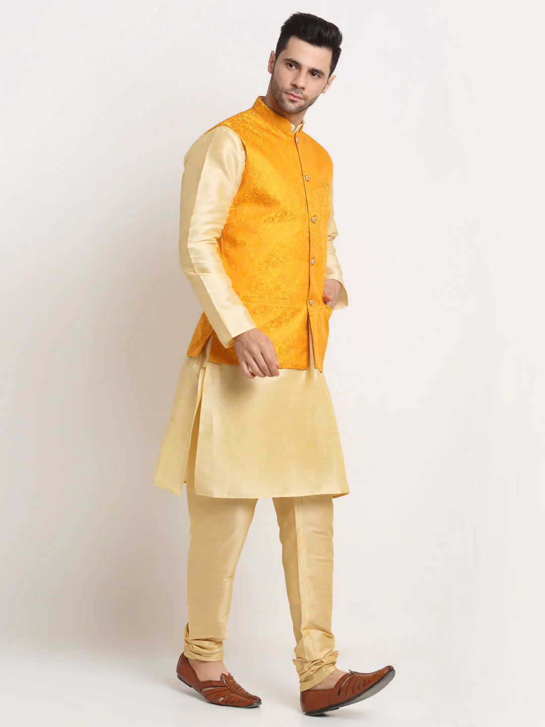 Mens Beige Silk Blend Kurta and Churidar with Woven Nehru Jacket - Image 3
