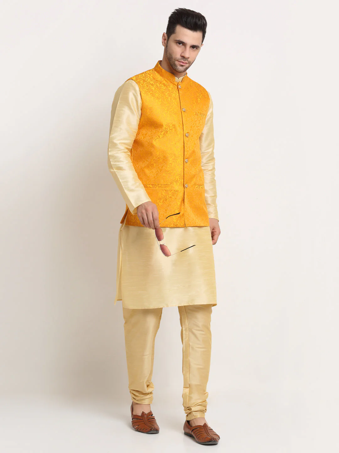 Mens Beige Silk Blend Kurta and Churidar with Woven Nehru Jacket - Image 5
