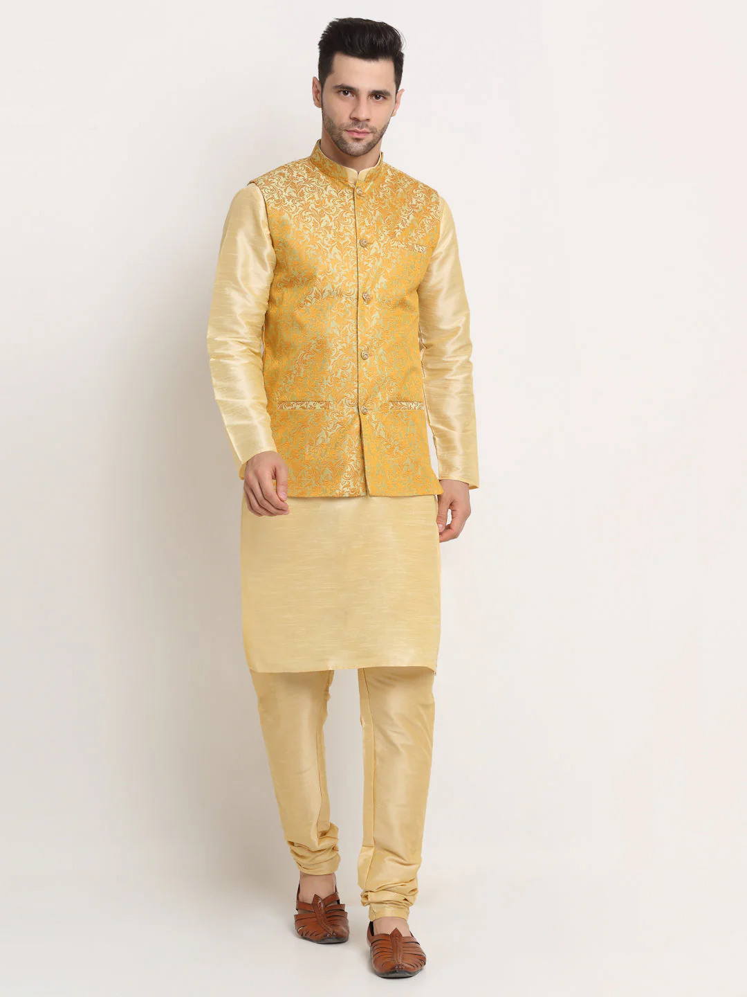 Mens Beige Silk Blend Kurta and Churidar with Woven Nehru Jacket - Image 9