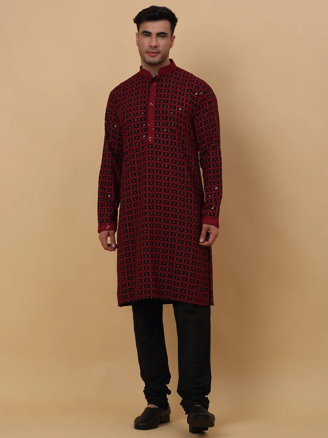 Men's Cotton Blend Embroidered Chikankari Kurta With Black Churidar - Image 23
