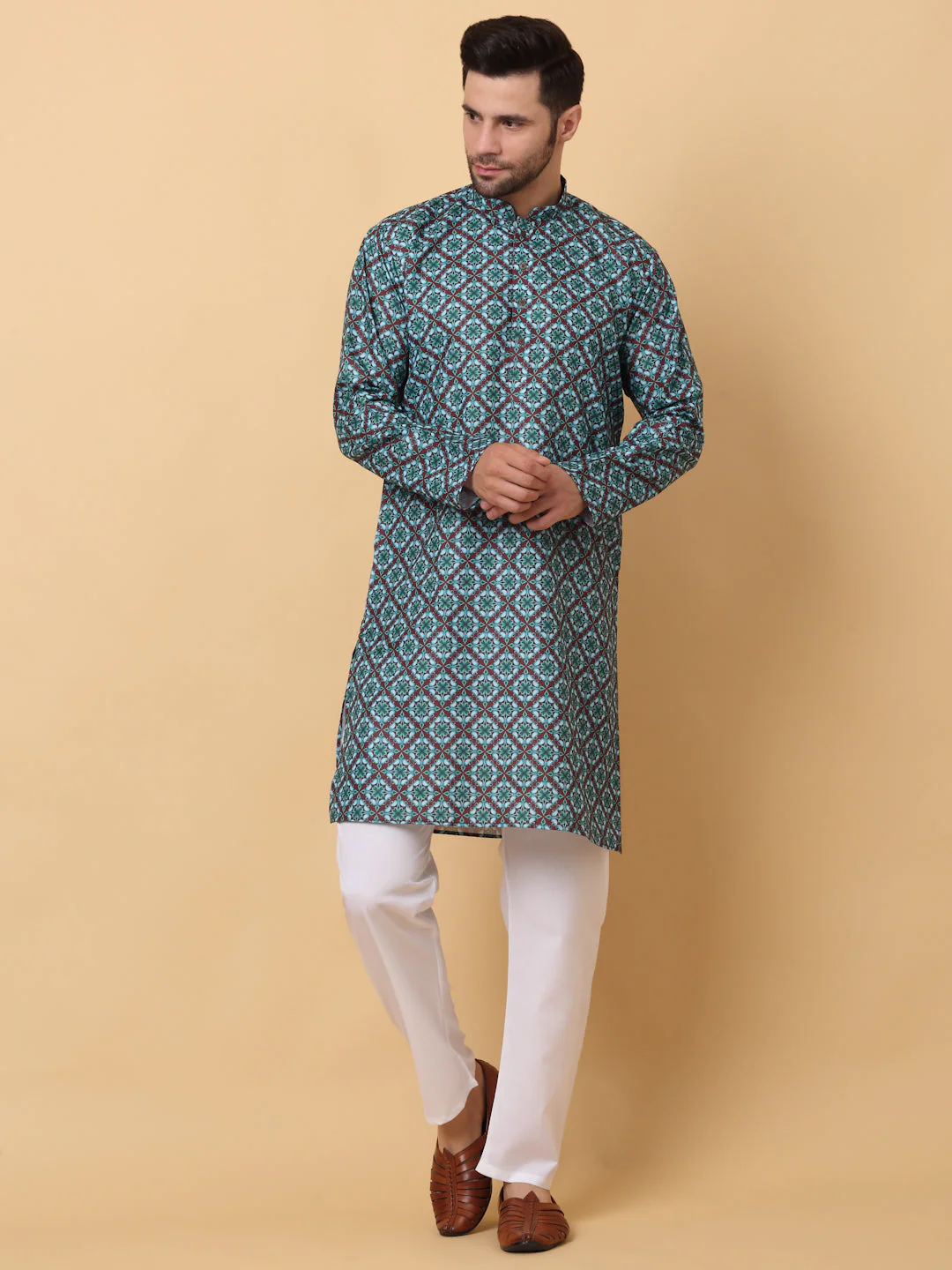 Men's Cotton Blend Printed Knee Length Kurta Pyjama Set - Image 17