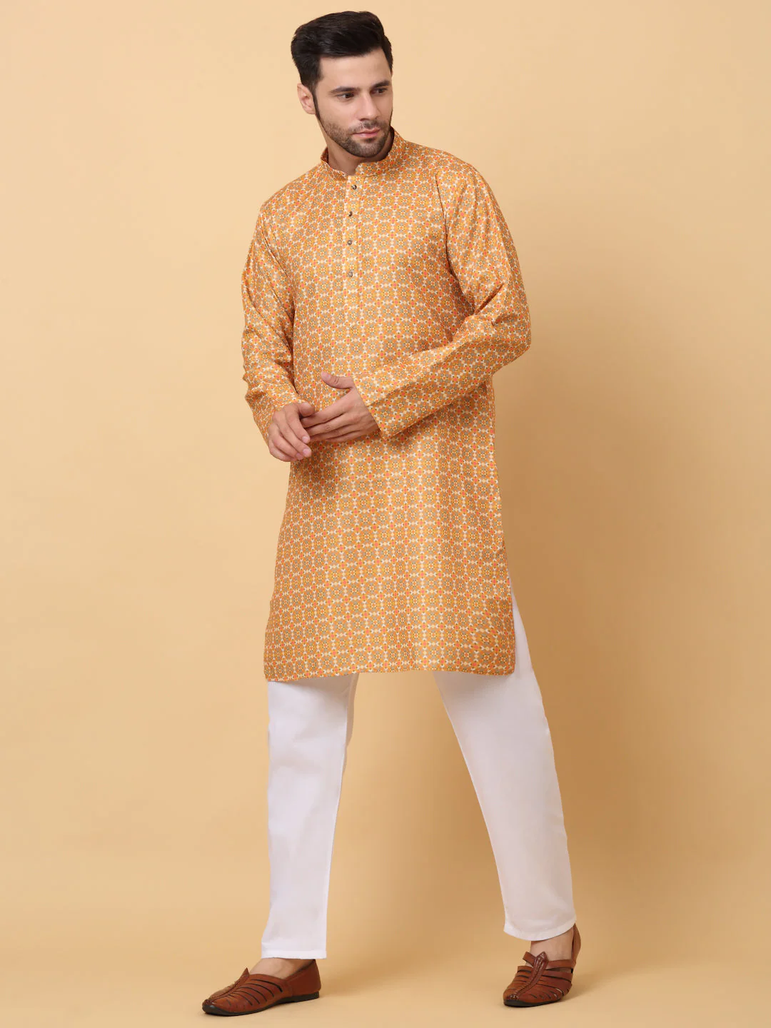 Men's Cotton Blend Printed Knee Length Kurta Pyjama Set - Image 27