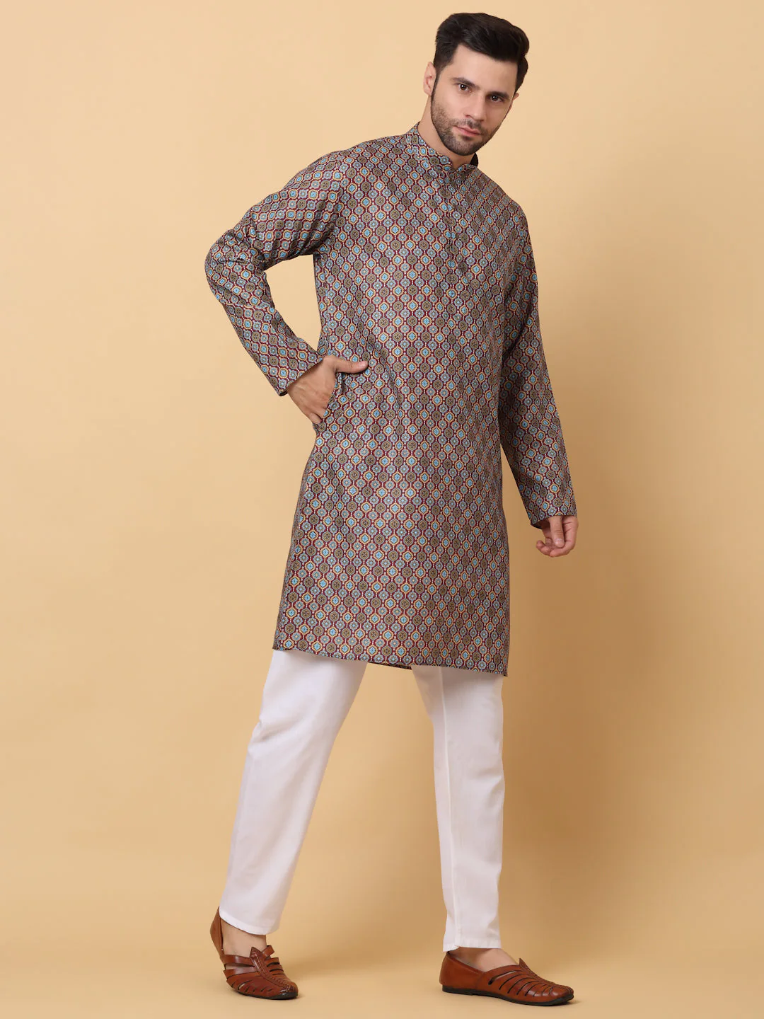 Men's Cotton Blend Printed Knee Length Kurta Pyjama Set - Image 3