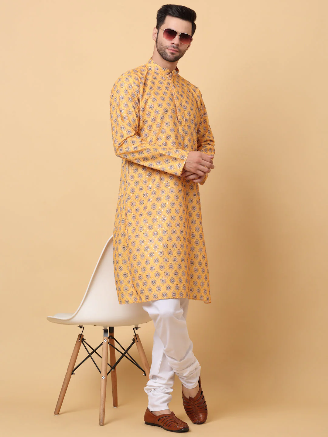 Men's Cotton Chikankari Embroided Printed Kurta Churidar Set - Image 22