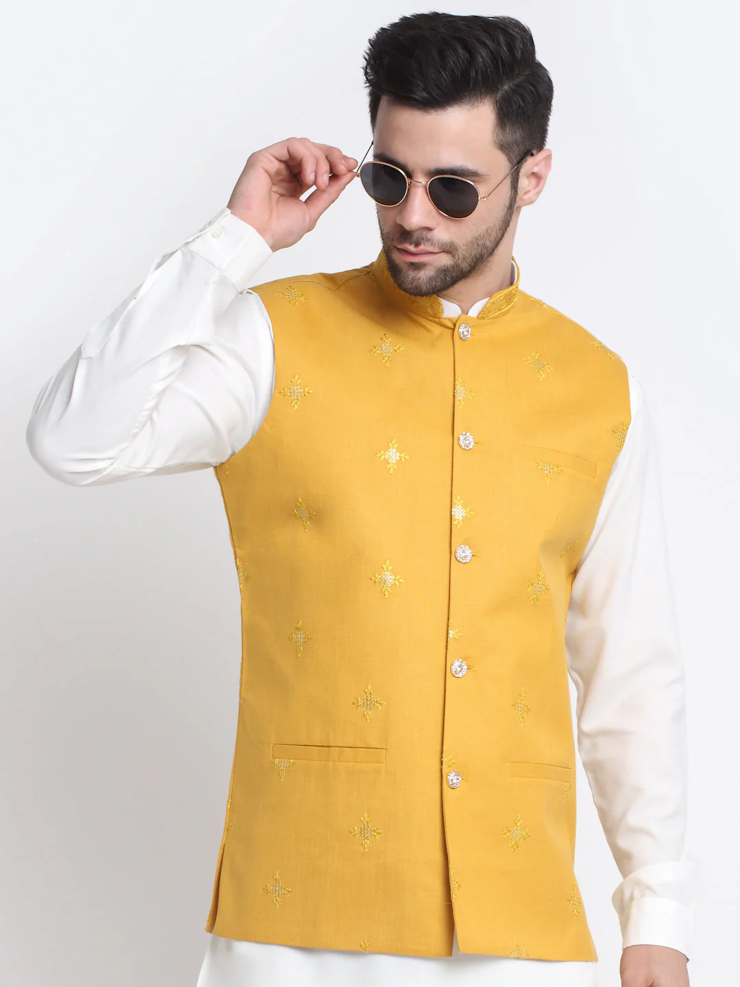 Men's Cotton Embroidered Sequence Nehru Jacket Only - Image 15