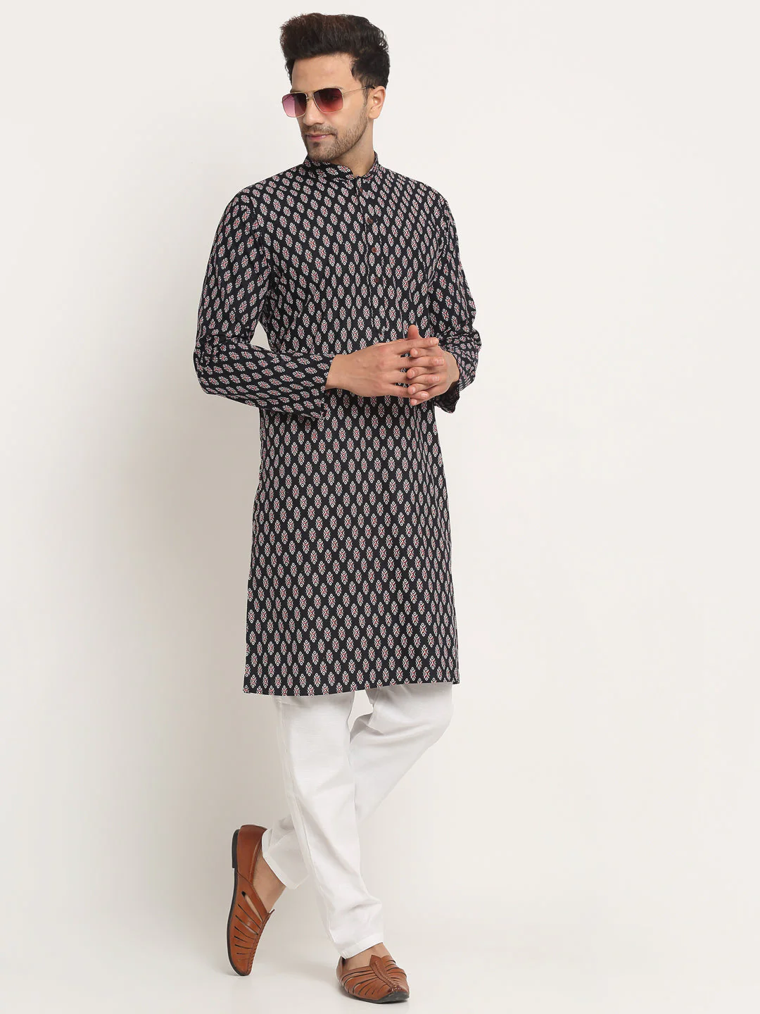 Men's Cotton Jaipuri Printed Knee Length Kurta Pyjama Set - Image 6