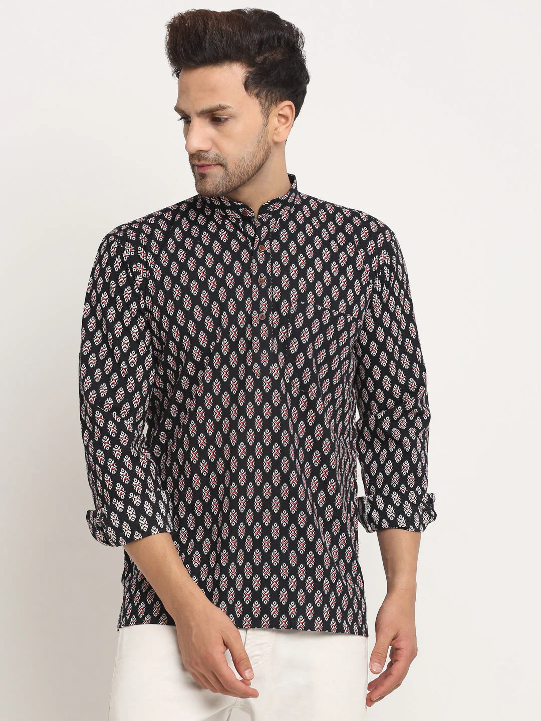 Men's Cotton Printed Waist Length Short Kurta