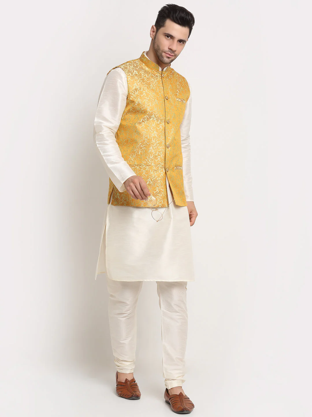 Mens Cream Silk Blend Kurta and Churidar with Woven Nehru Jacket - Image 13