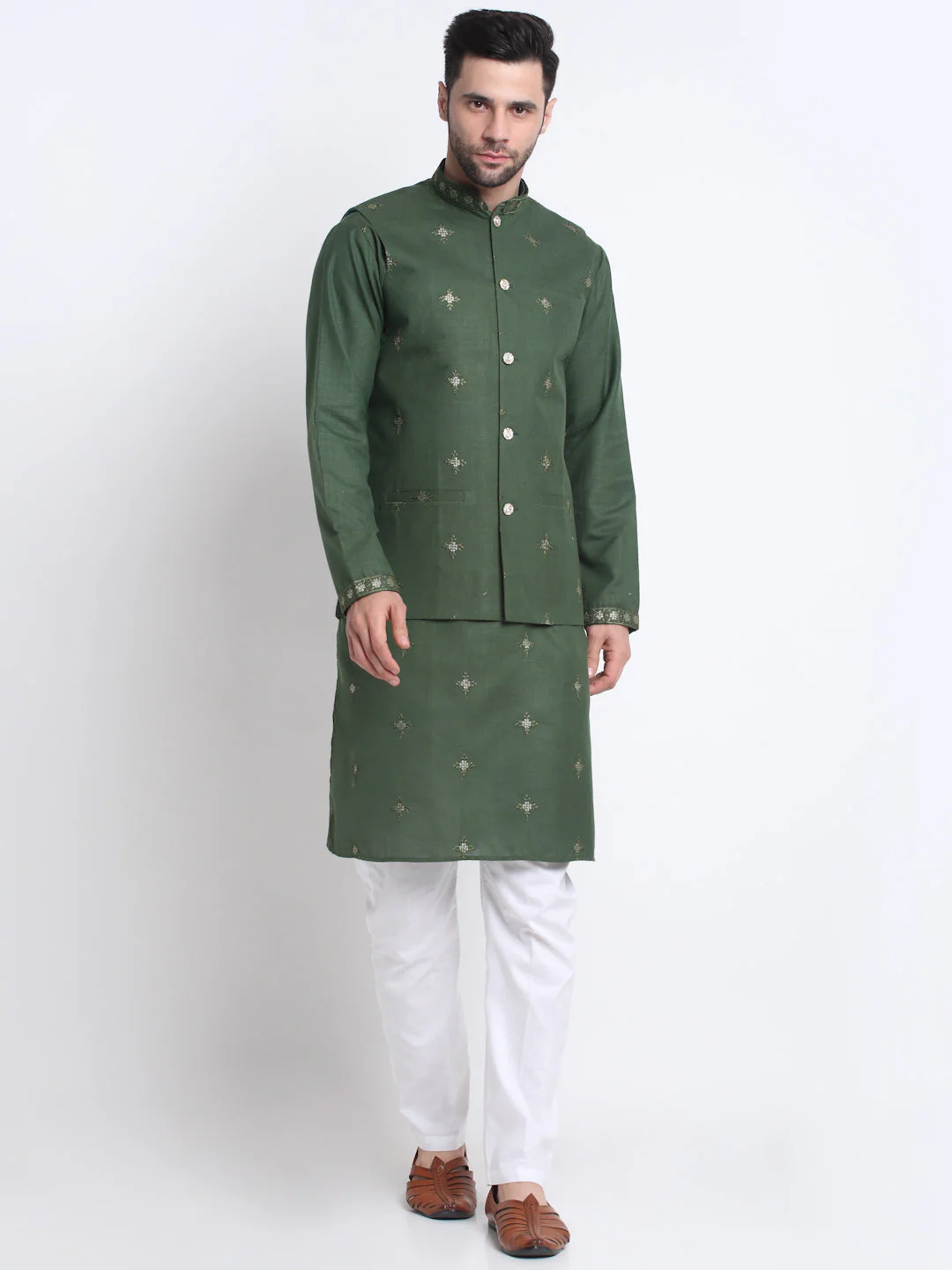 Men's Embroidered Sequined Cotton Kurta Trouser with Nehru Jacket