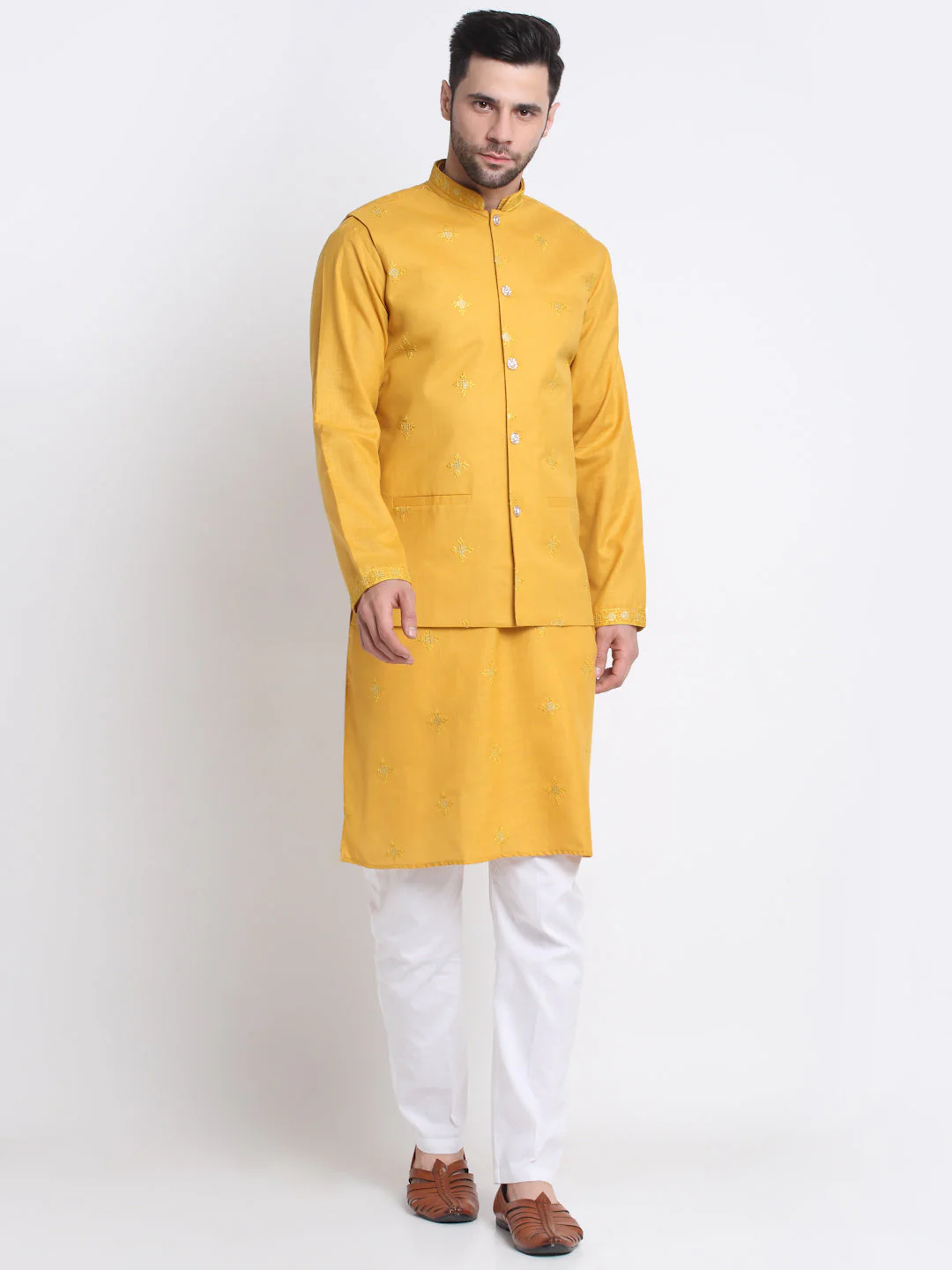 Men's Embroidered Sequined Cotton Kurta Trouser with Nehru Jacket - Image 132