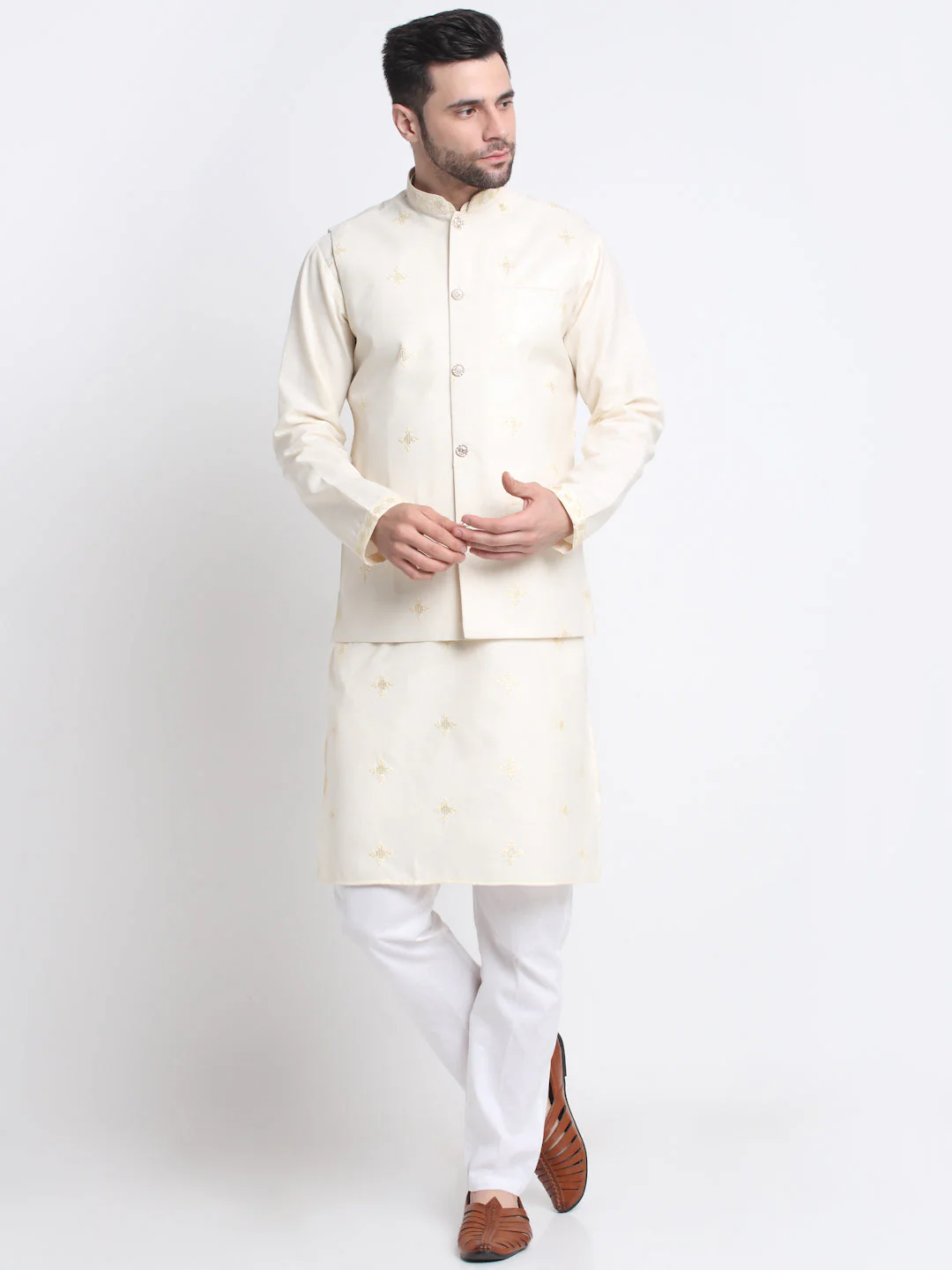 Men's Embroidered Sequined Cotton Kurta Trouser with Nehru Jacket - Image 175