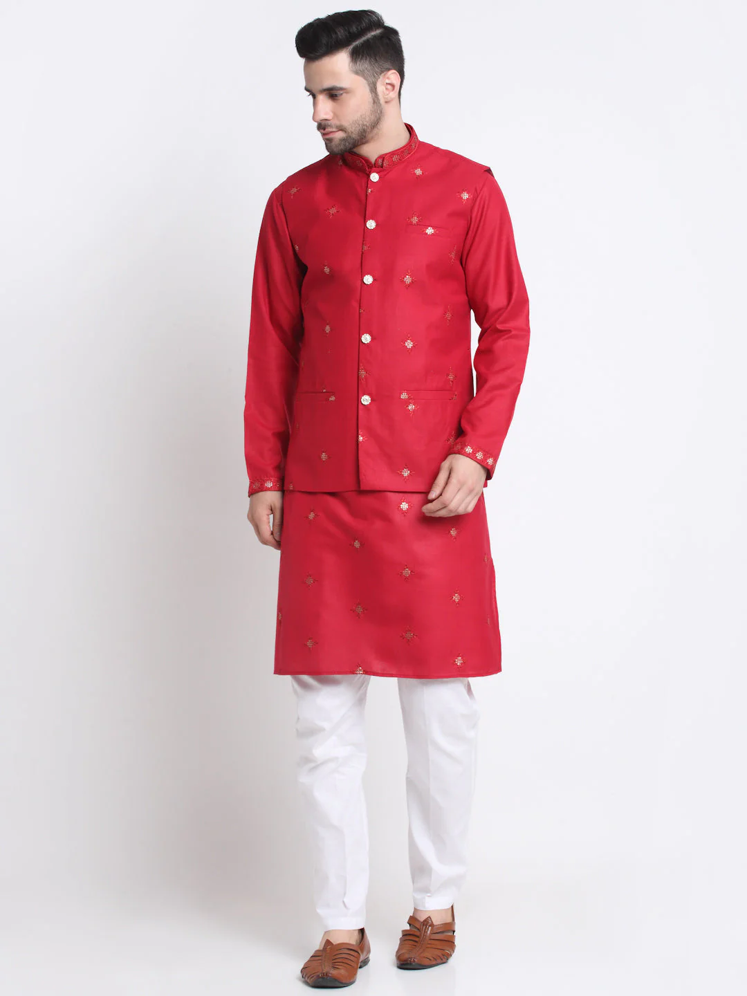 Men's Embroidered Sequined Cotton Kurta Trouser with Nehru Jacket - Image 202