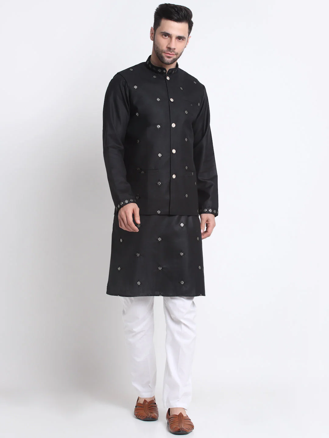 Men's Embroidered Sequined Cotton Kurta Trouser with Nehru Jacket - Image 211