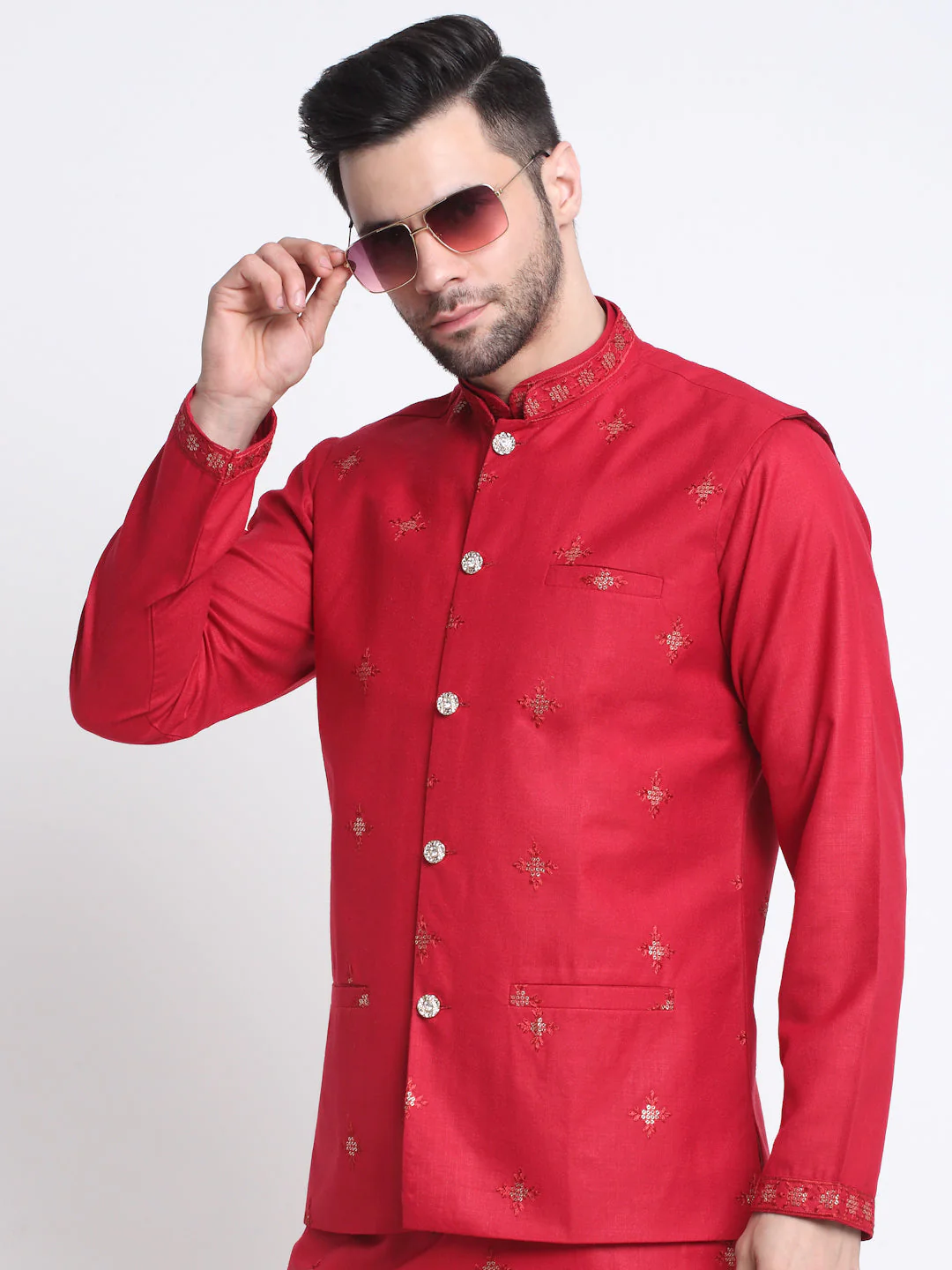 Men's Embroidered Sequined Cotton Kurta Trouser with Nehru Jacket - Image 33