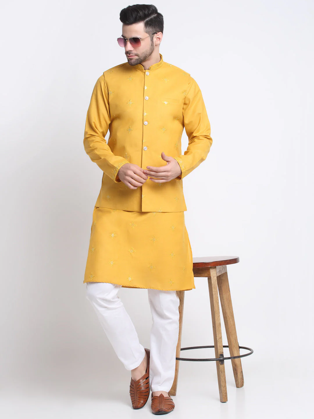 Men's Embroidered Sequined Cotton Kurta Trouser with Nehru Jacket - Image 41
