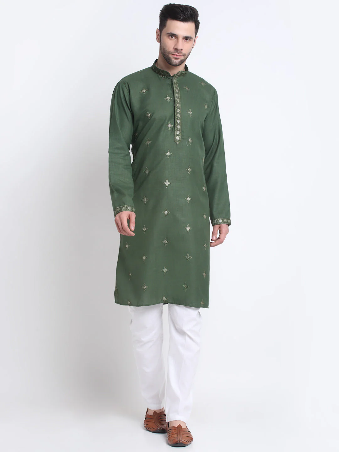 Men's Embroidered Sequined Cotton Kurta Trouser with Nehru Jacket - Image 7