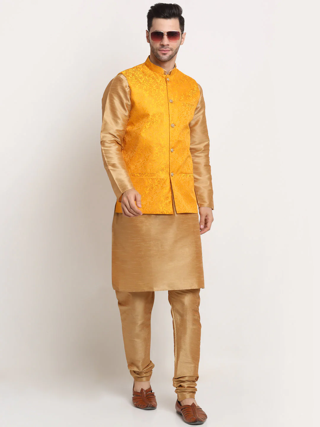 Mens Gold Silk Blend Kurta and Churidar with Woven Nehru Jacket - Image 21