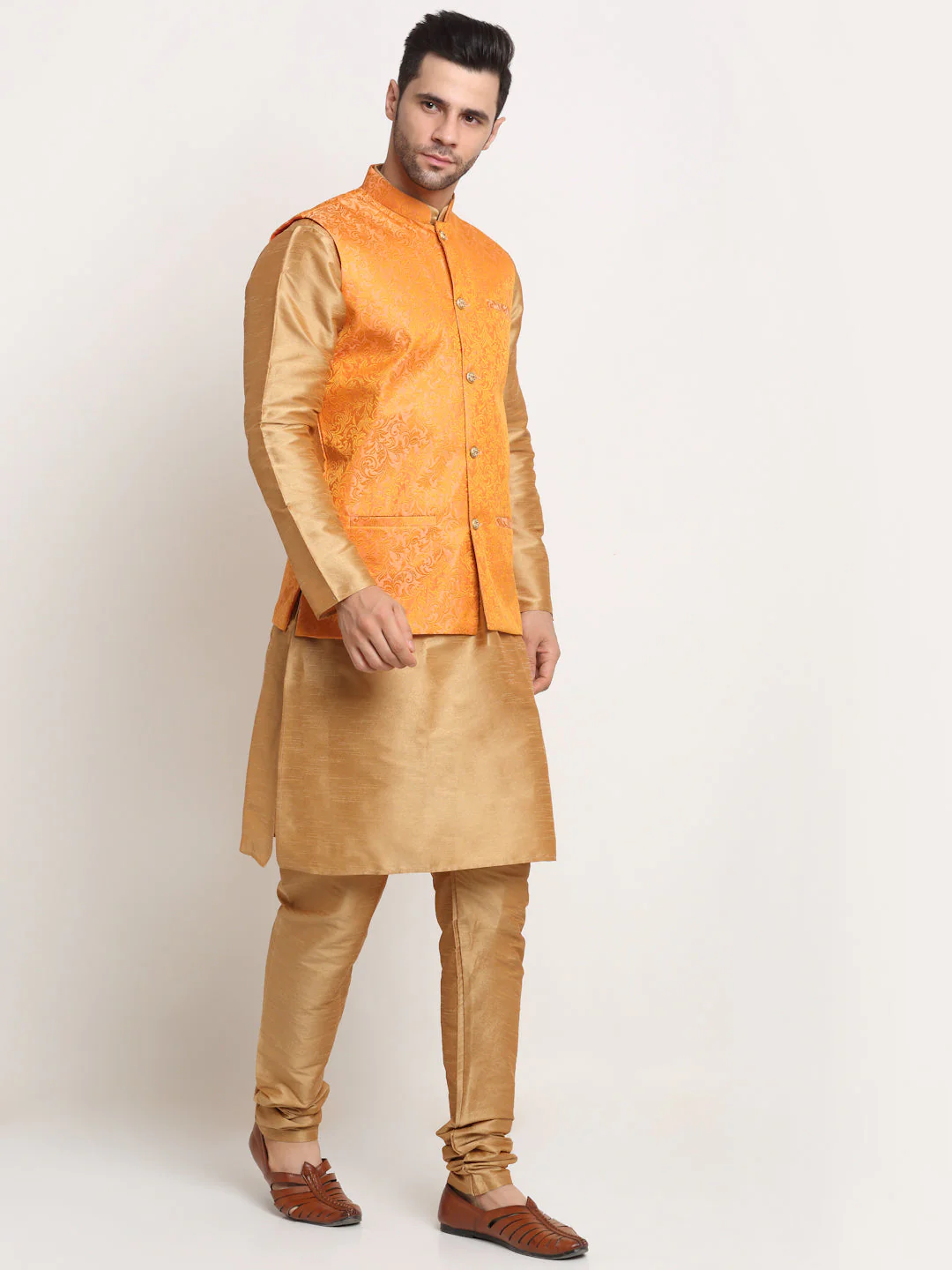 Mens Gold Silk Blend Kurta and Churidar with Woven Nehru Jacket - Image 3