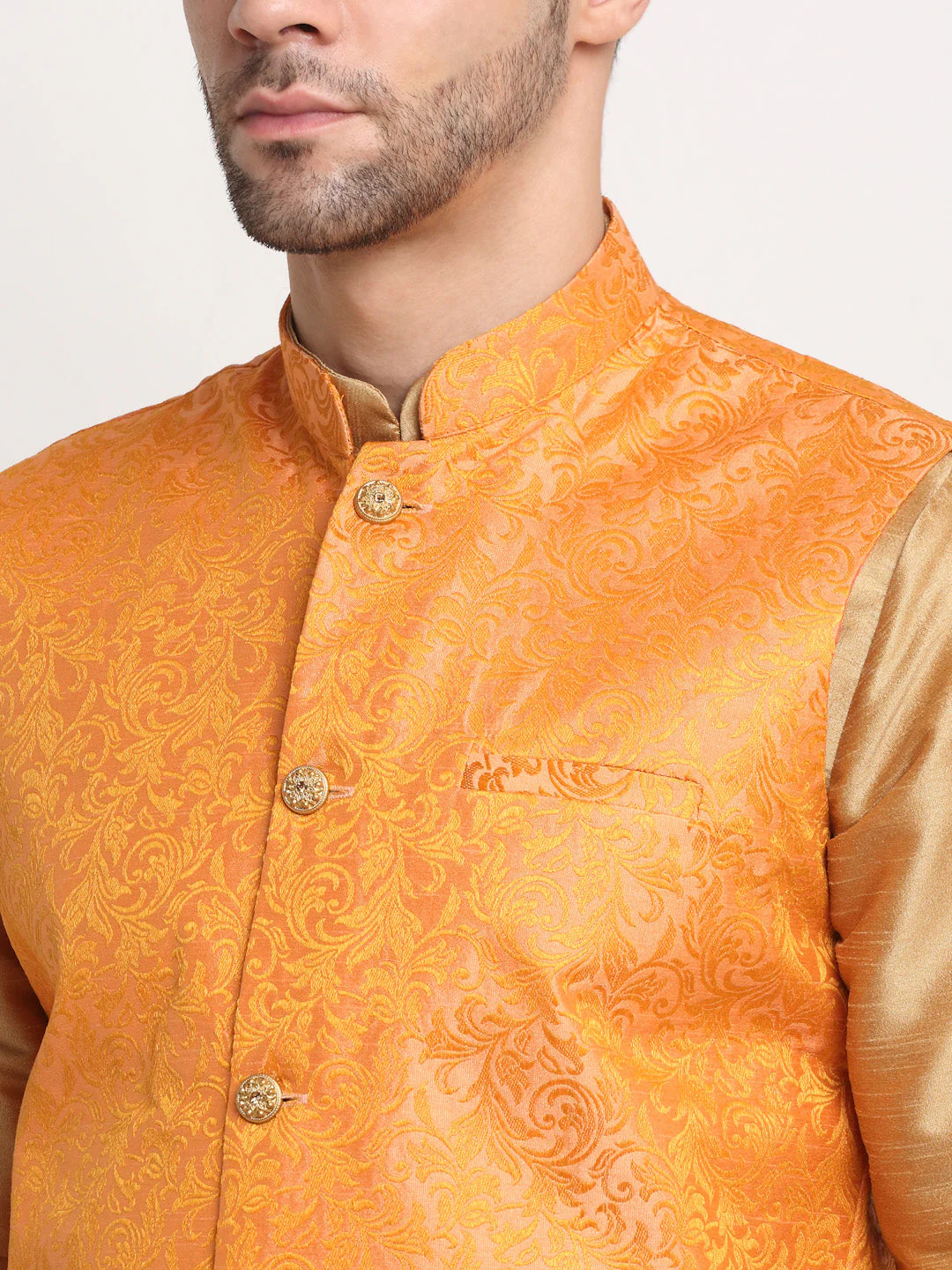 Mens Gold Silk Blend Kurta and Churidar with Woven Nehru Jacket - Image 4