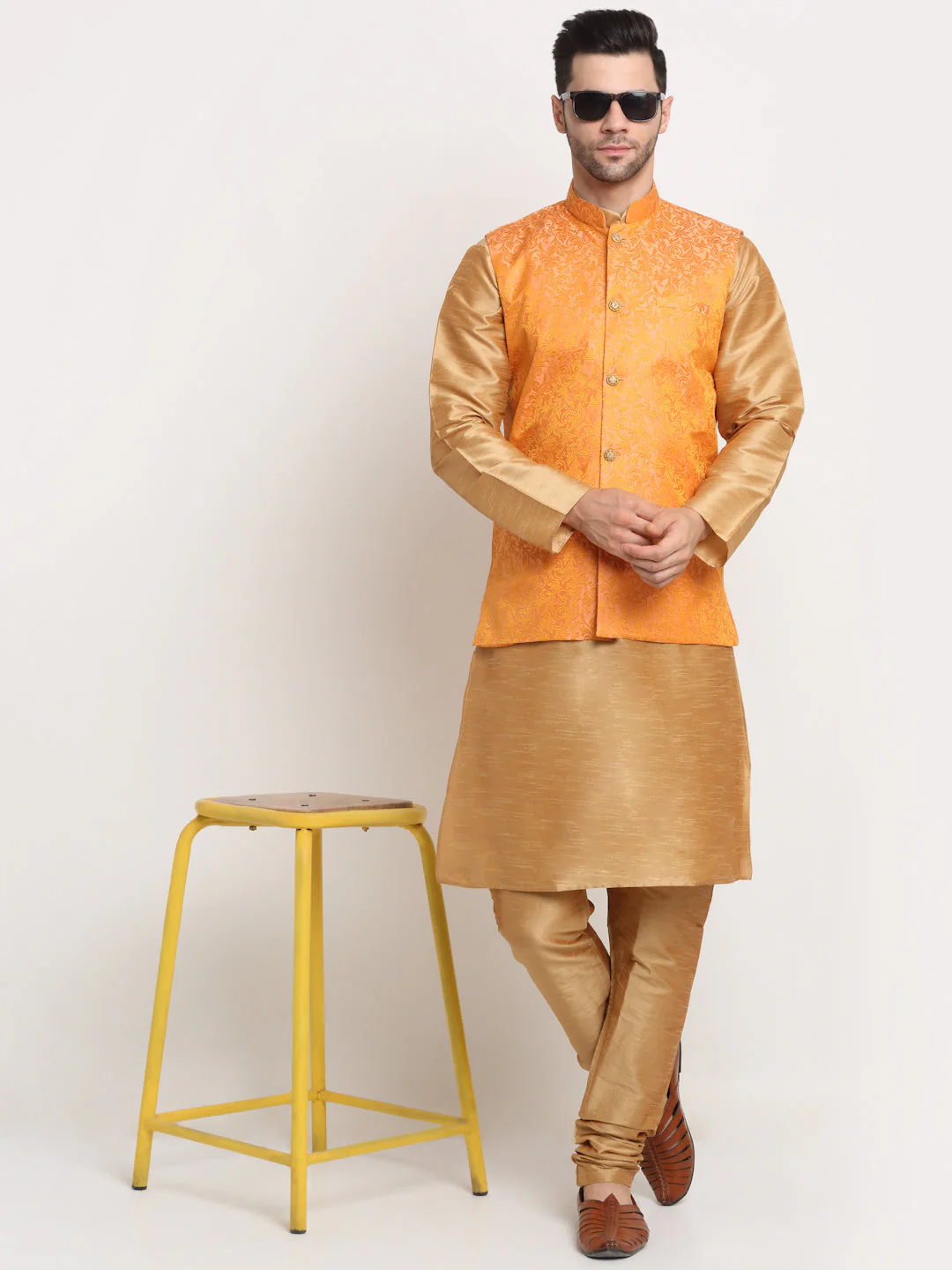 Mens Gold Silk Blend Kurta and Churidar with Woven Nehru Jacket - Image 5