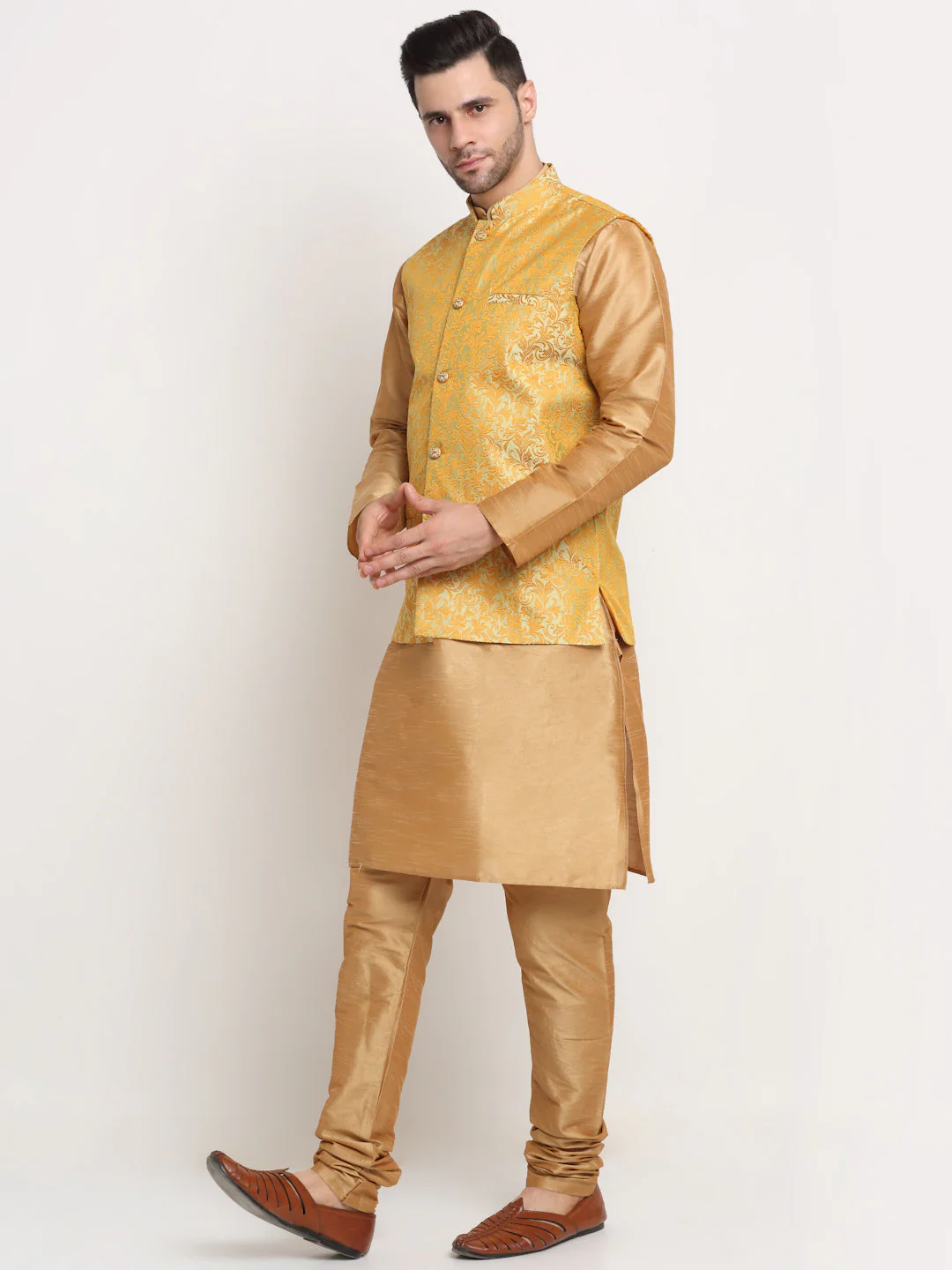 Mens Gold Silk Blend Kurta and Churidar with Woven Nehru Jacket - Image 9