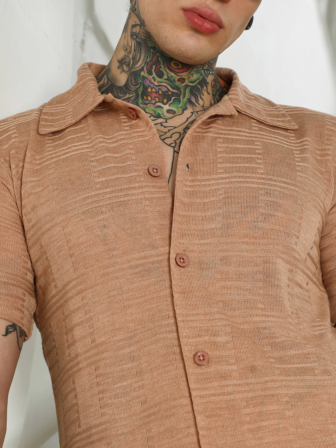Mens Light Brown Textured Button-Down Shirt - Image 7
