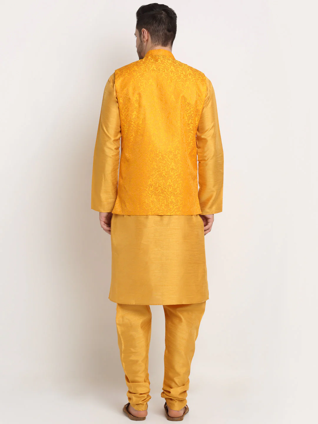 Mens Mustard Silk Blend Kurta and Churidar with Woven Nehru Jacket - Image 10