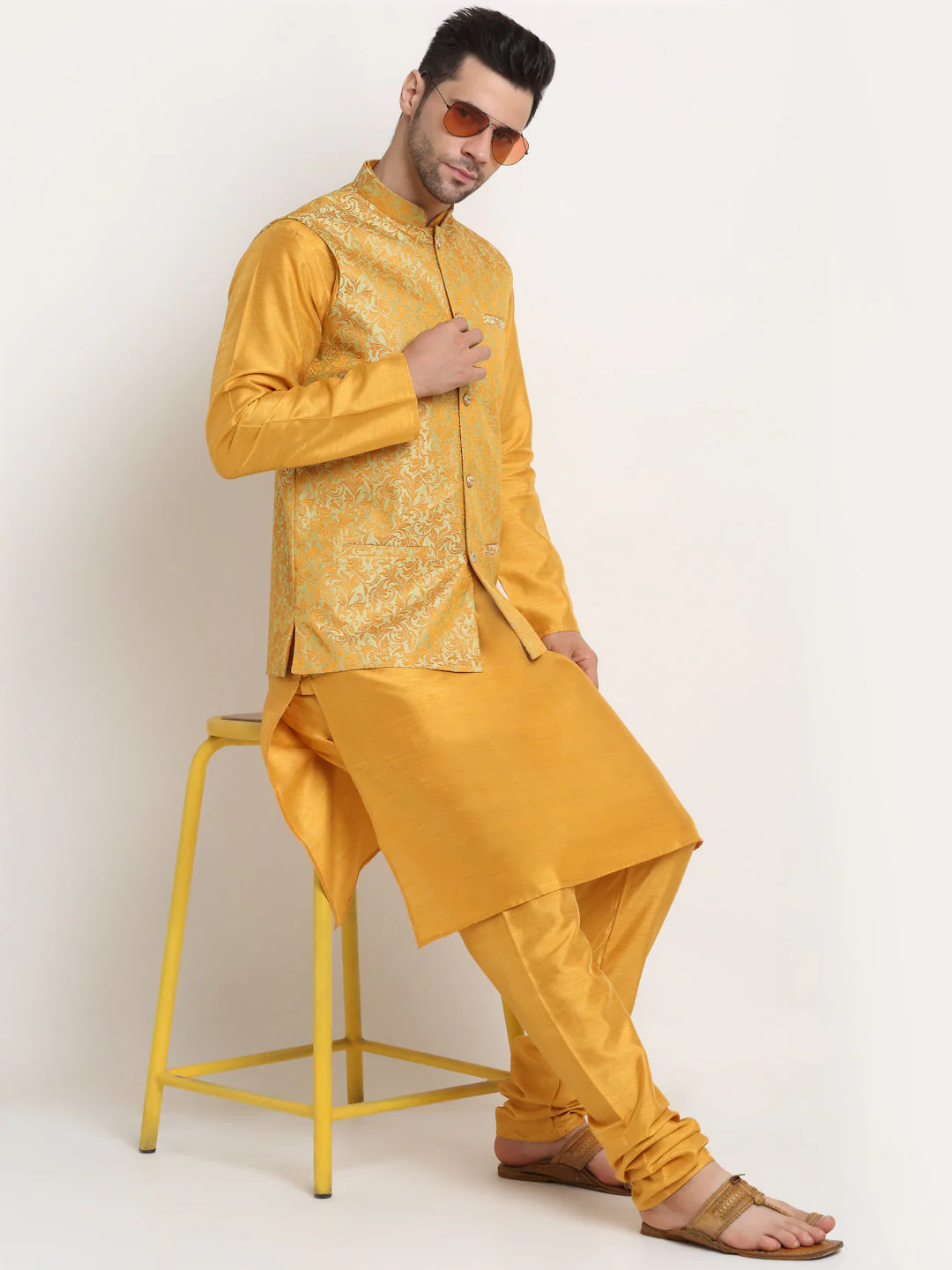 Mens Mustard Silk Blend Kurta and Churidar with Woven Nehru Jacket - Image 5