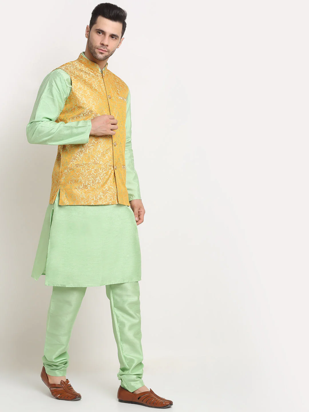 Mens Sea Green Silk Blend Kurta and Churidar with Woven Pista Nehru Jacket - Image 3