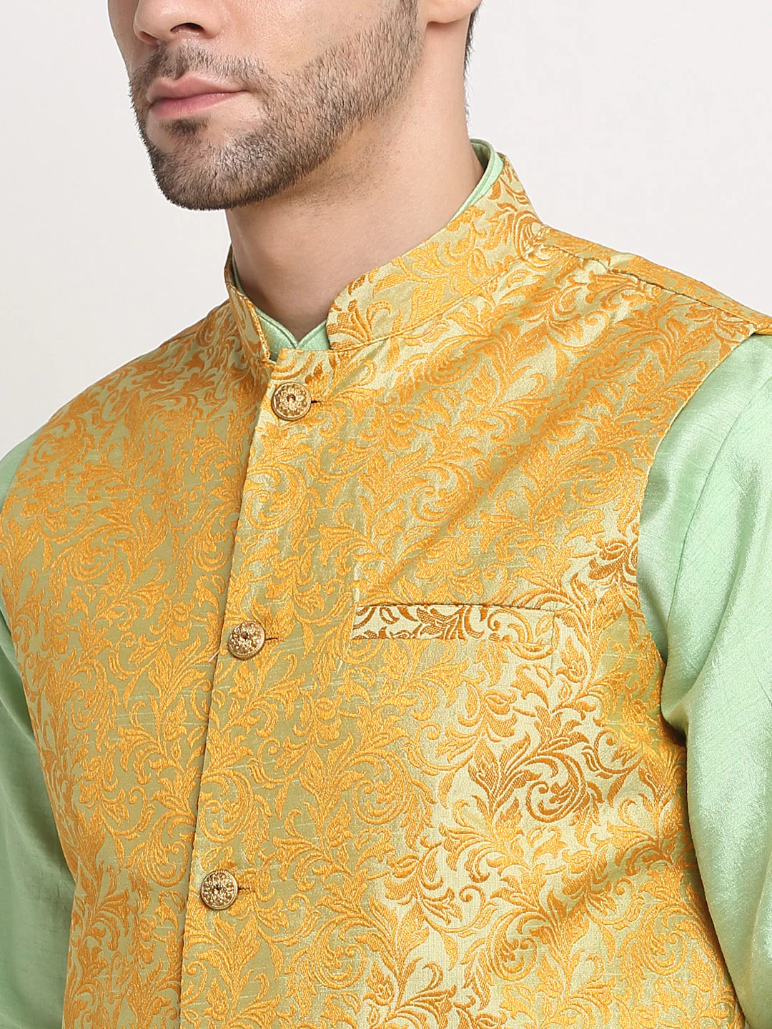 Mens Sea Green Silk Blend Kurta and Churidar with Woven Pista Nehru Jacket - Image 4