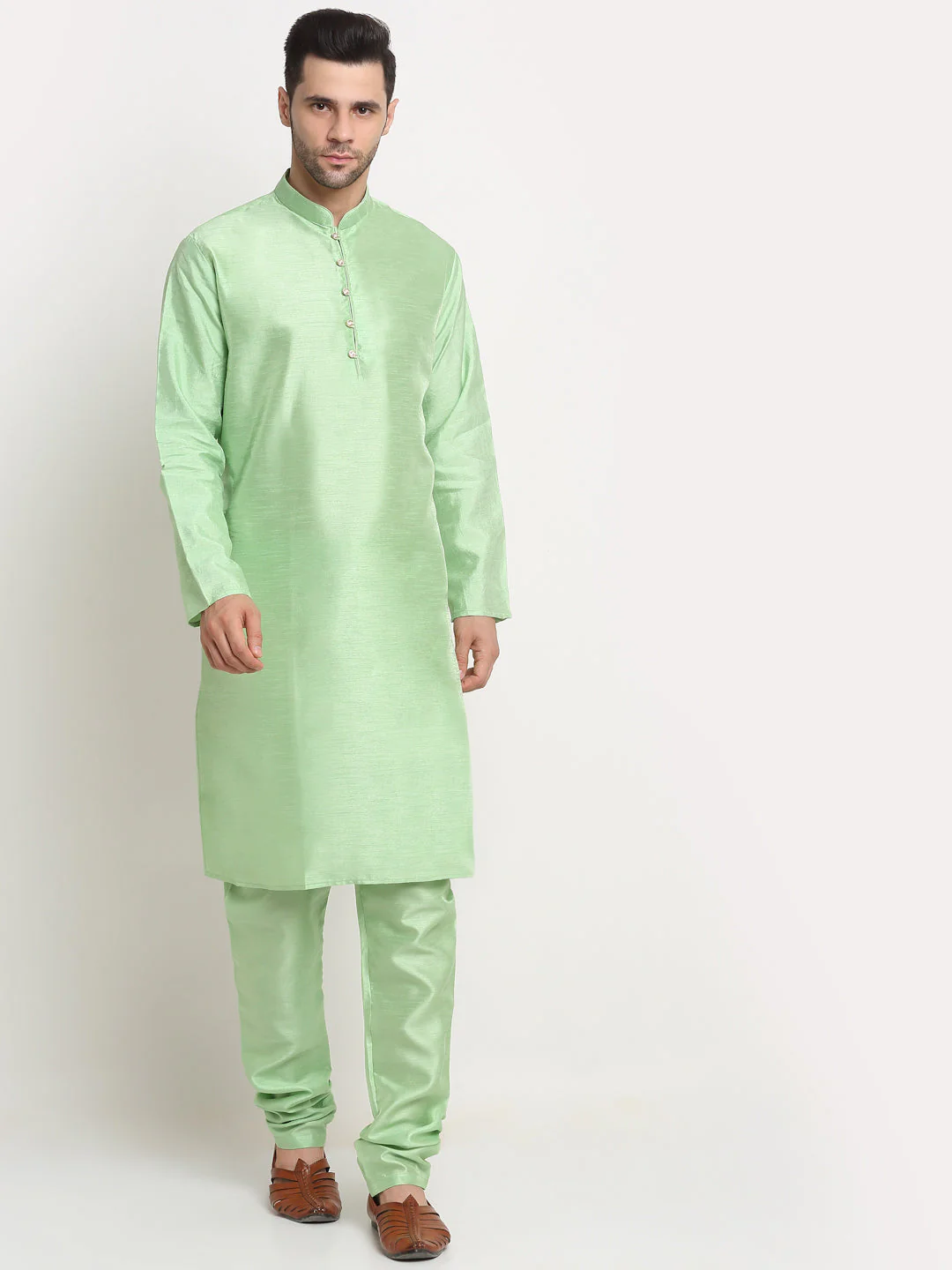 Mens Sea Green Silk Blend Kurta and Churidar with Woven Pista Nehru Jacket - Image 6