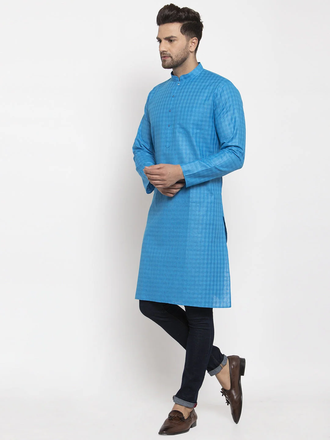 Men's Self Check Woven Design Kurta - Image 3