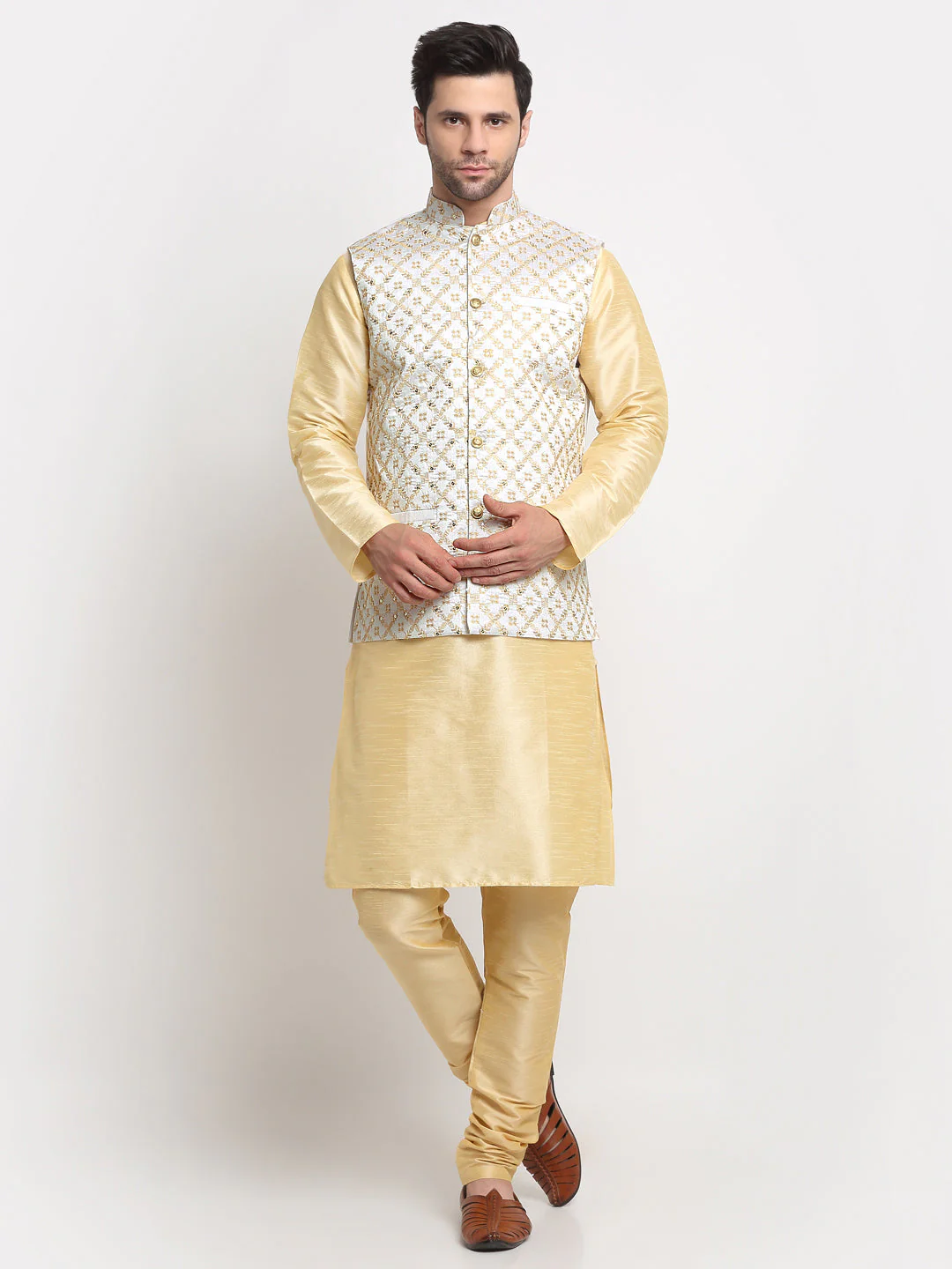 Men's Silk Beige Kurta Churidar With Embroidered Nehru Jacket Set - Image 10