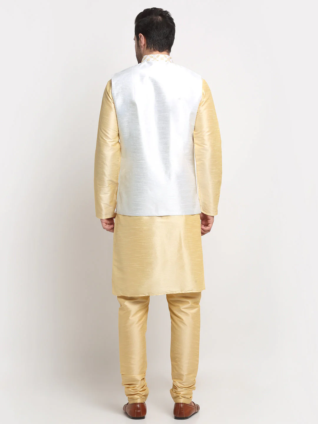Men's Silk Beige Kurta Churidar With Embroidered Nehru Jacket Set - Image 11