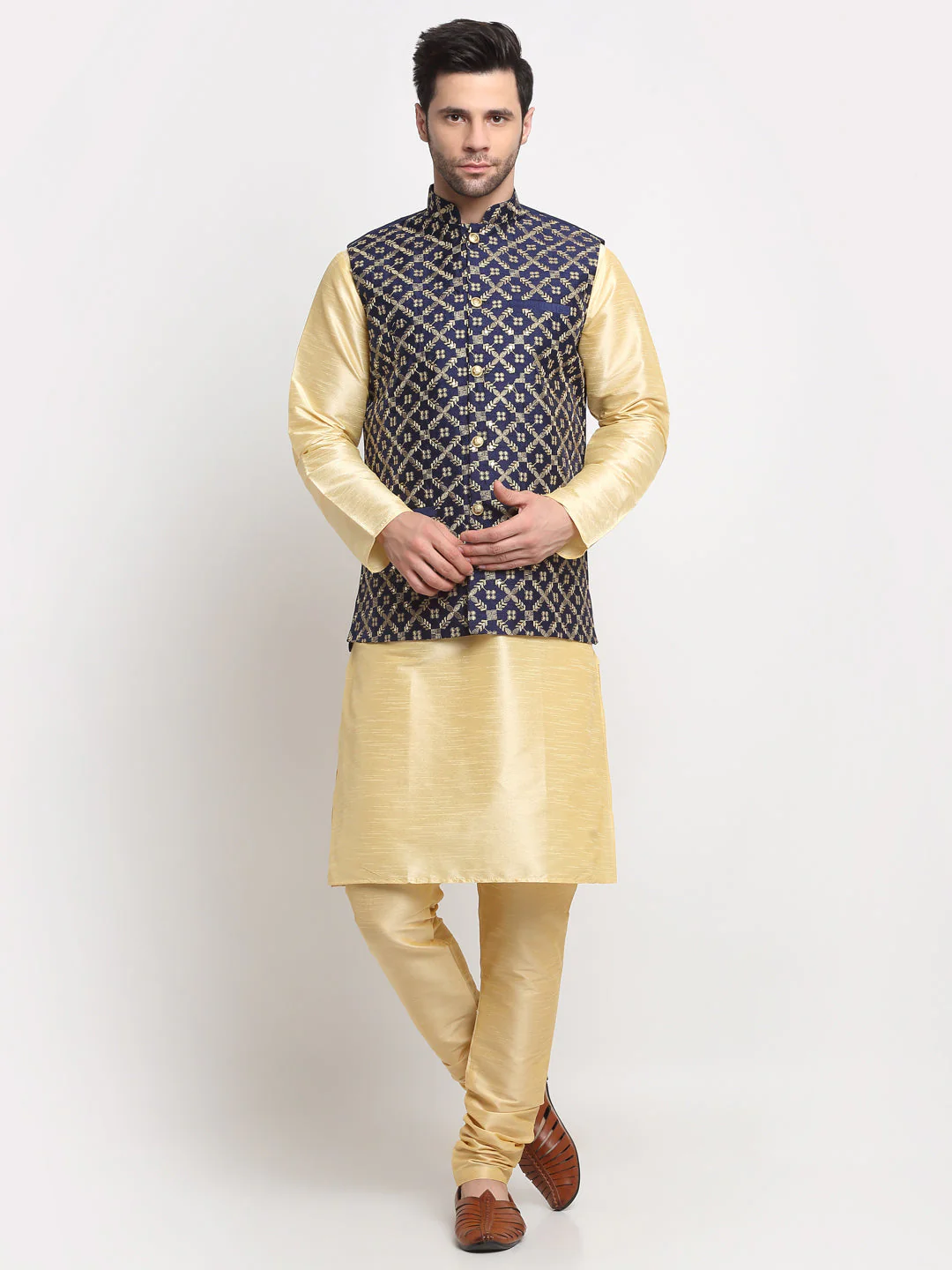 Men's Silk Beige Kurta Churidar With Embroidered Nehru Jacket Set - Image 110