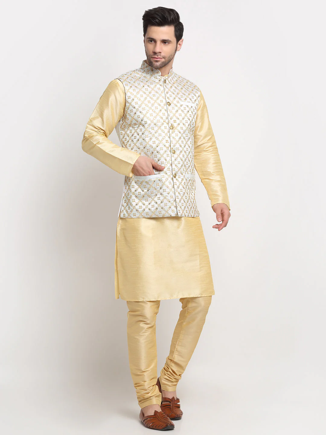 Men's Silk Beige Kurta Churidar With Embroidered Nehru Jacket Set - Image 12