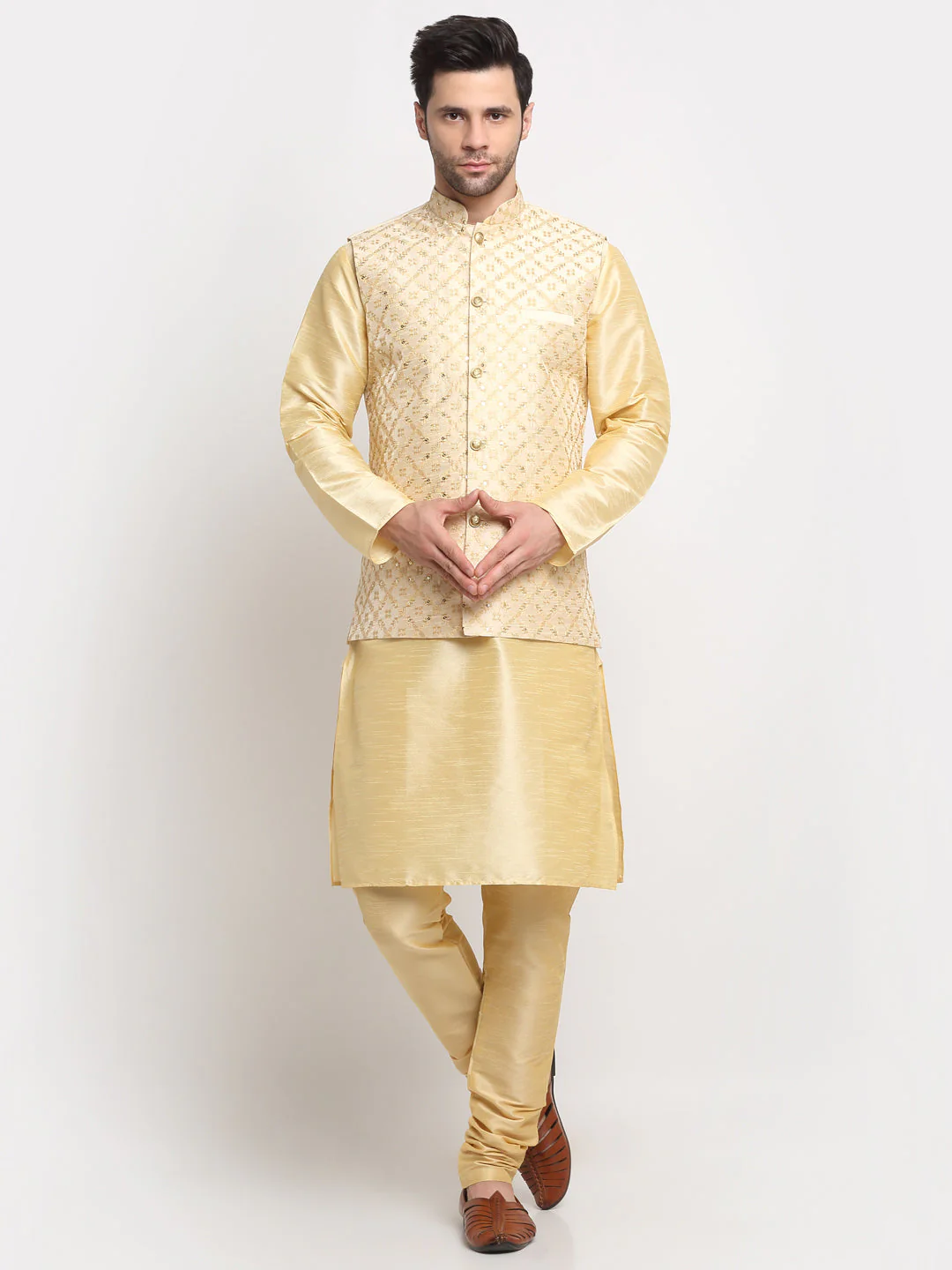 Men's Silk Beige Kurta Churidar With Embroidered Nehru Jacket Set - Image 123