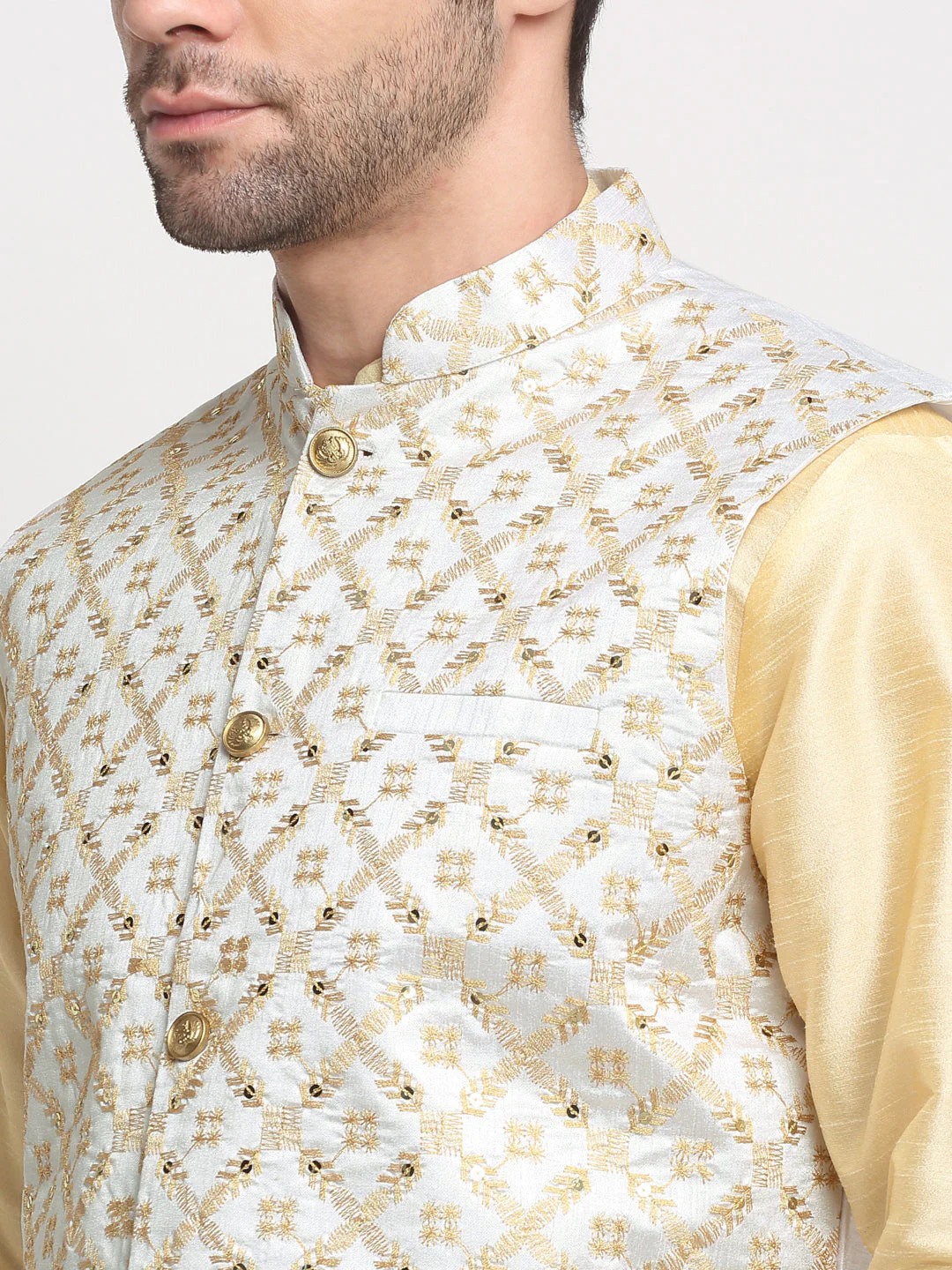 Men's Silk Beige Kurta Churidar With Embroidered Nehru Jacket Set - Image 13
