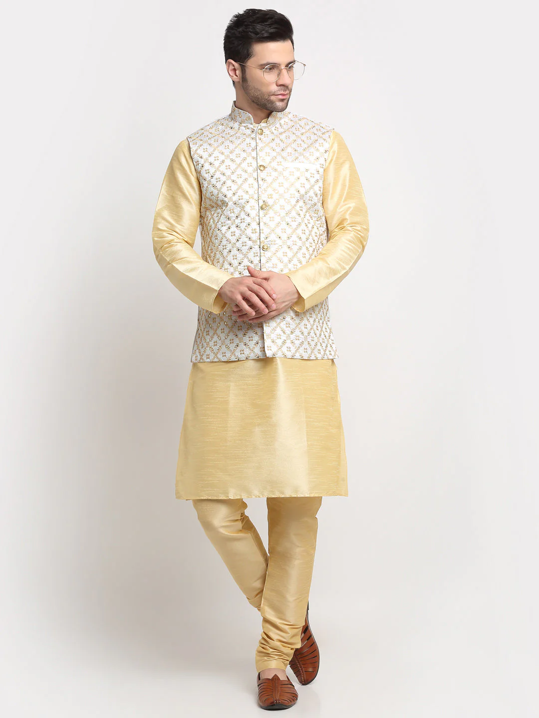 Men's Silk Beige Kurta Churidar With Embroidered Nehru Jacket Set - Image 14